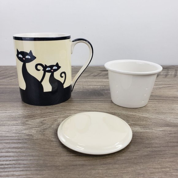 HUES N BREWS Black Siamese Cat Cattitude Tea Cup Infuser Set in Beige & Black - Picture 3 of 13